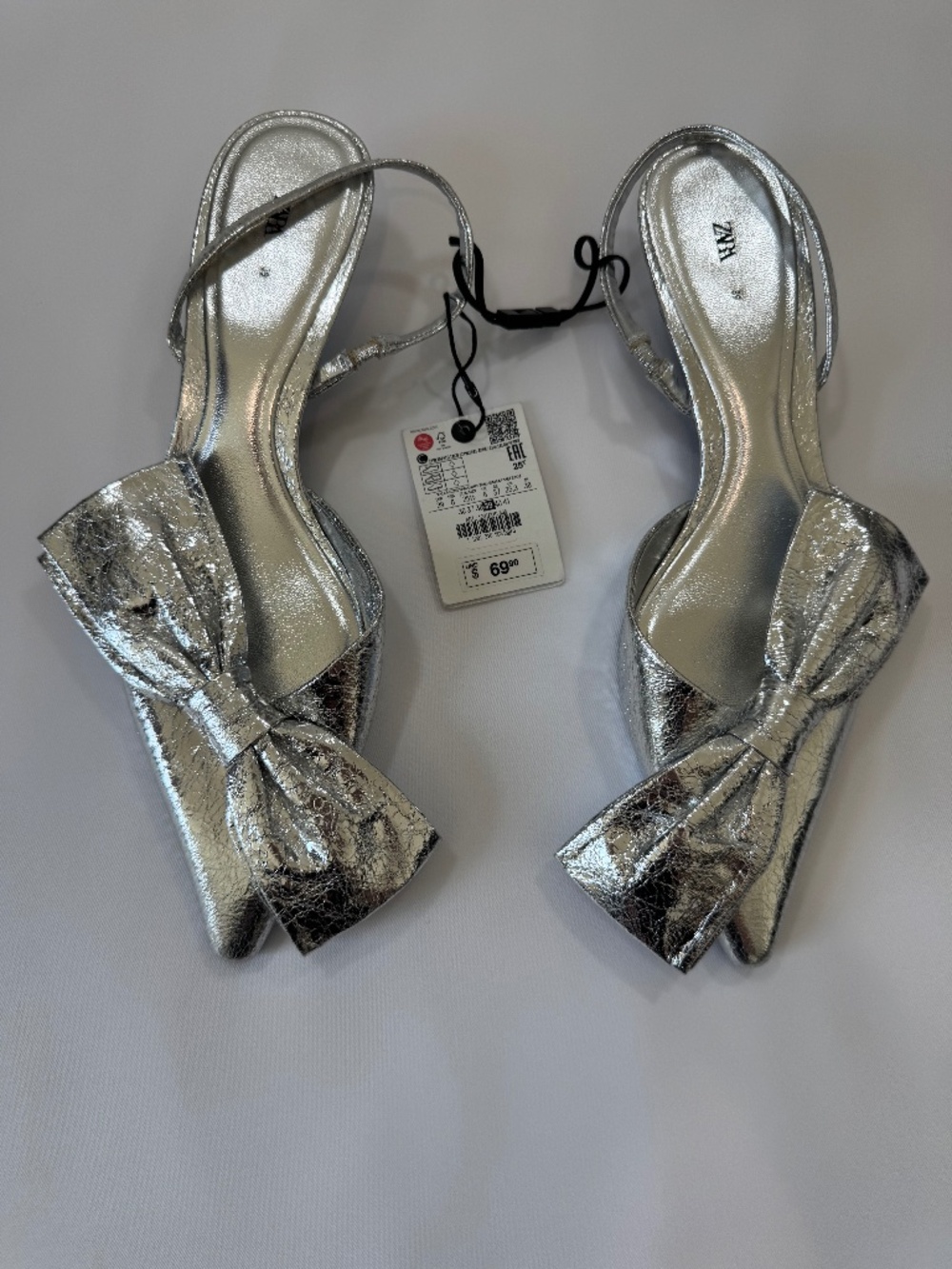 Zara Silver Slingback Heels with Bow Detail
